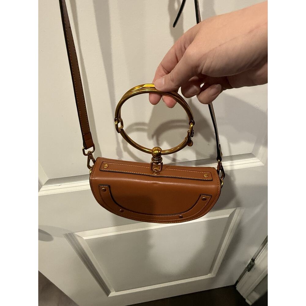Brown Faux Leather Half Moon Crossbody Bag Gold Ring Handle Purse - Picture 5 of 8